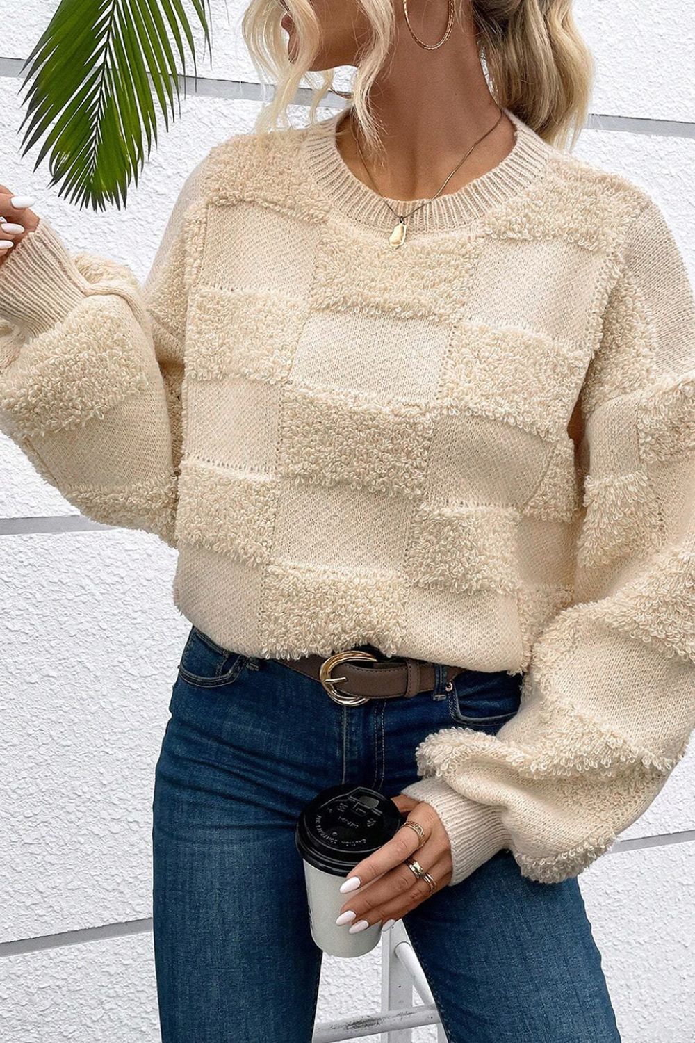 Checkered Round Neck Dropped Shoulder Sweater - The Goddess Galleries