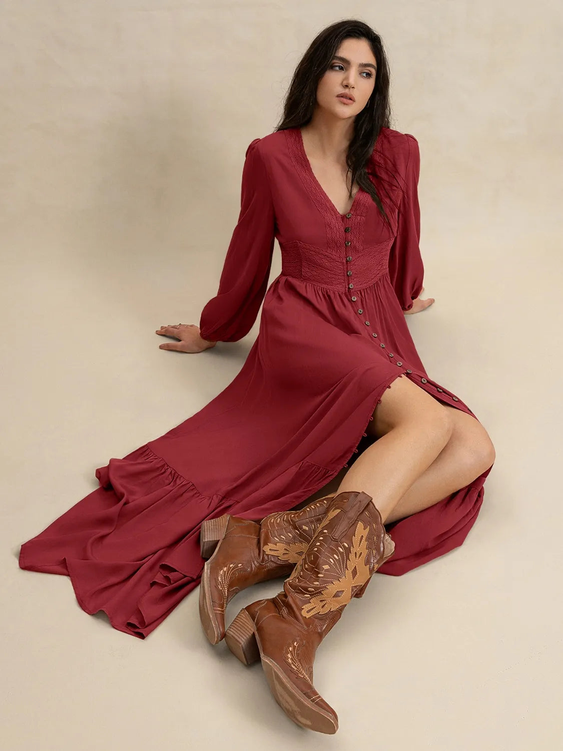 V-Neck Balloon Sleeve Ruffled Hem Maxi Dress - The Goddess Galleries