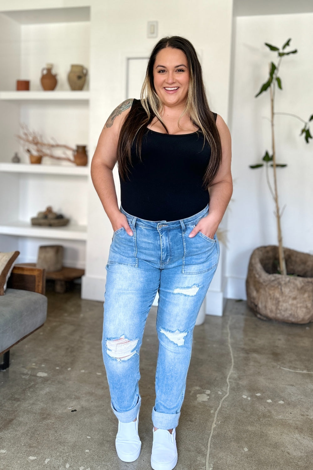 Judy Blue Full Size Distressed Straight Jeans with Patch Pockets - The Goddess Galleries