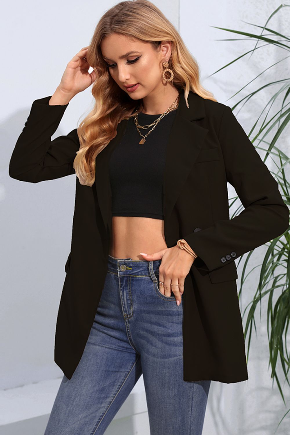Lapel Neck Long Sleeve Blazer with Pockets - The Goddess Galleries