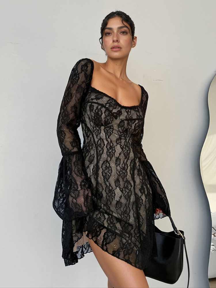 Lace Sweetheart Neck Flare Sleeve Mini Dress - The Goddess Galleries