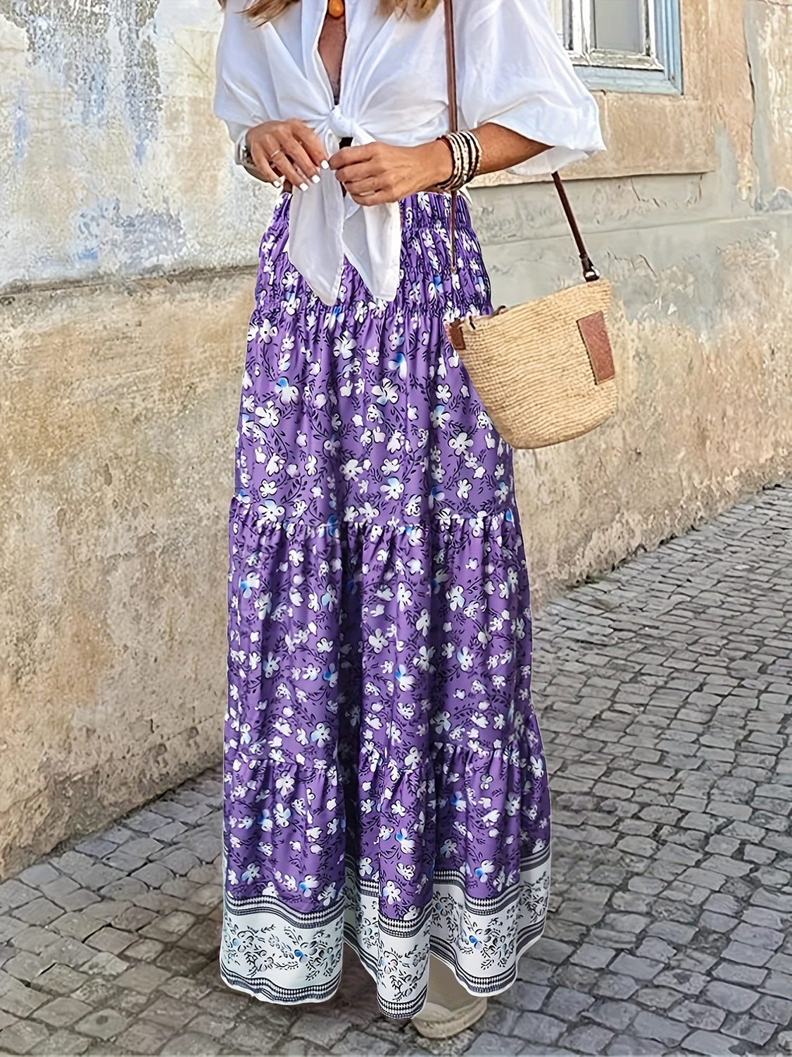 Full Size Tiered Printed Elastic Waist Skirt - The Goddess Galleries