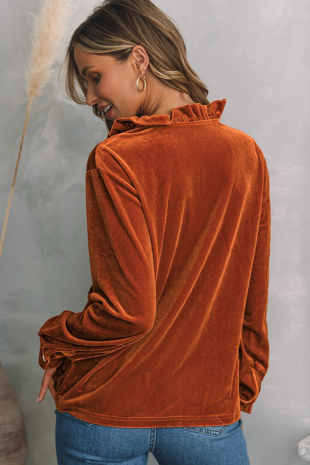 Notched Frill Detail Long Sleeve Blouse - The Goddess Galleries