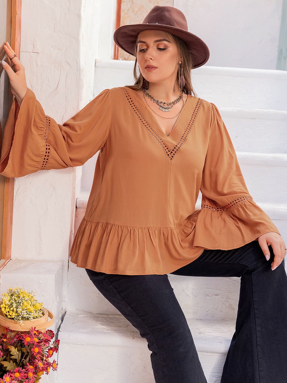 Plus Size V-Neck Peplum Blouse - The Goddess Galleries