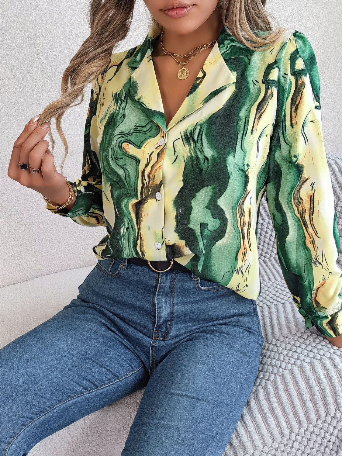 Printed Button Up Long Sleeve Shirt - The Goddess Galleries
