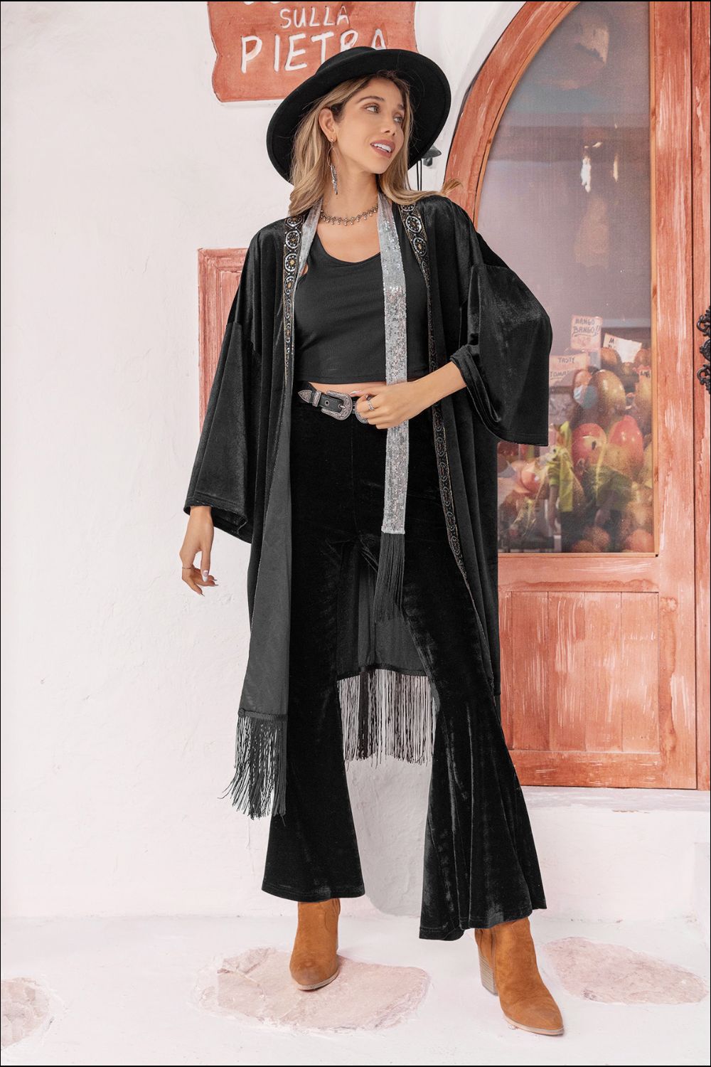Opne Front Fringe Detail Long Sleeve Cardigan - The Goddess Galleries