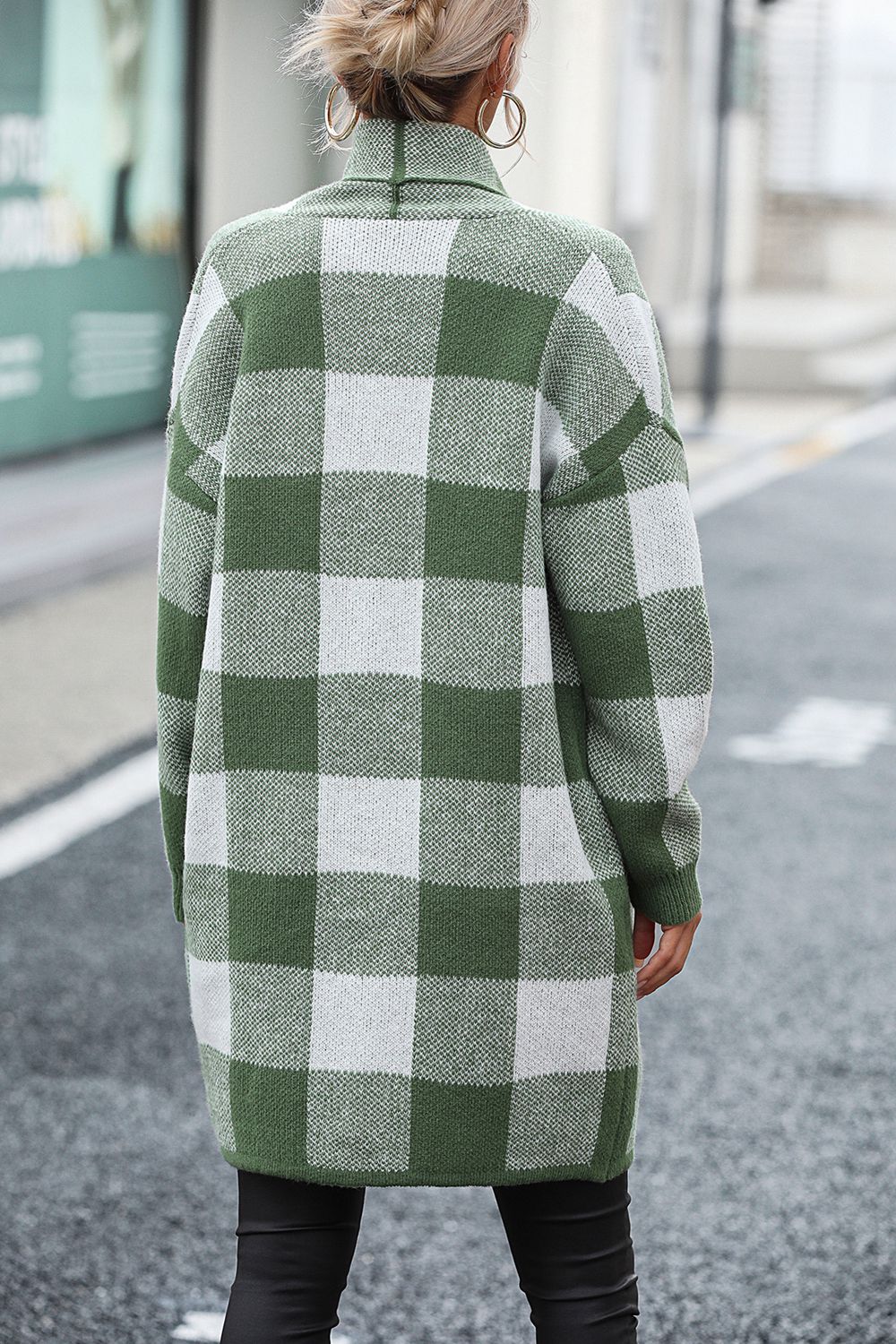 Plaid Dropped Shoulder Cardigan with Pocket - The Goddess Galleries