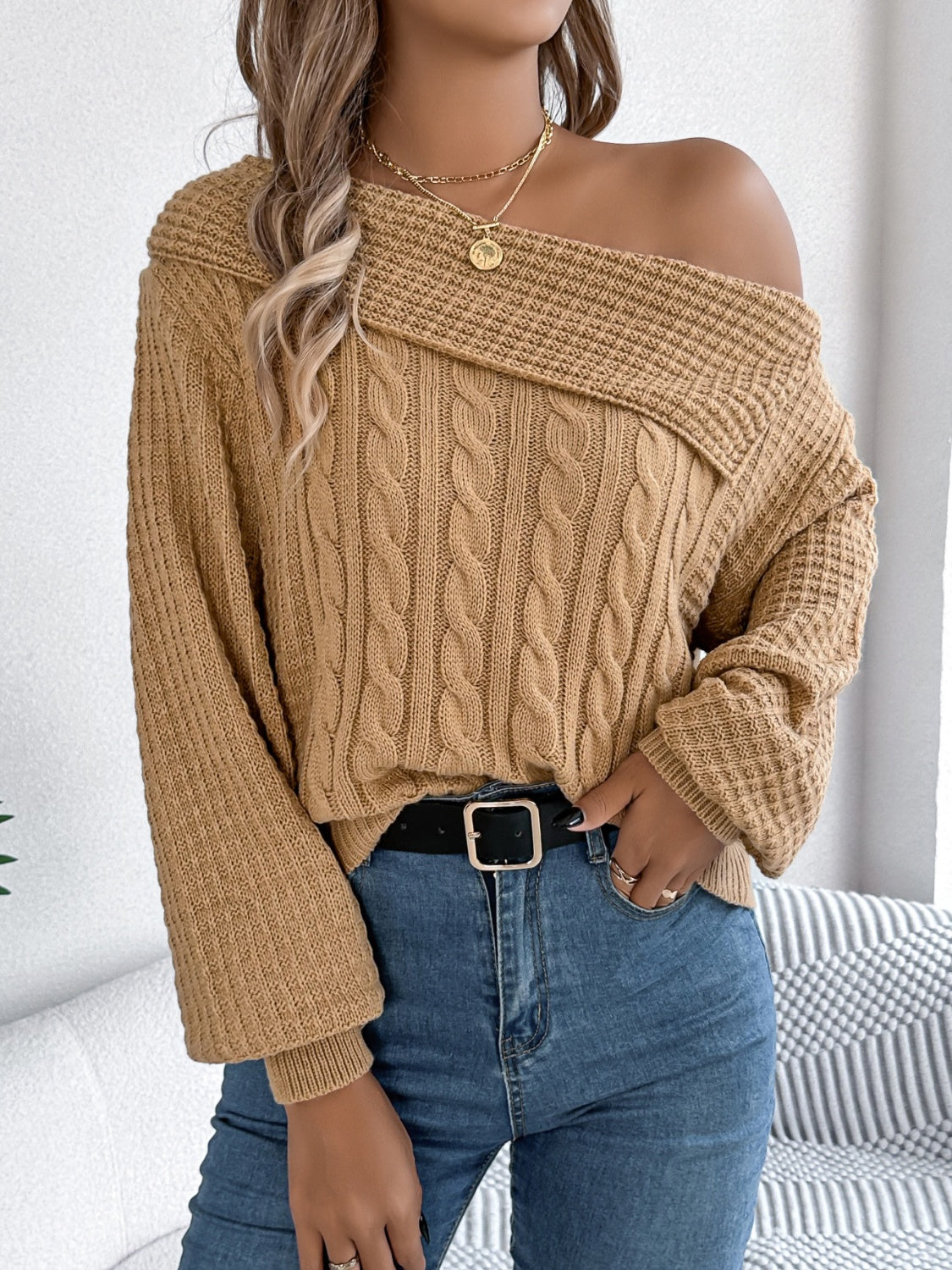 Cable-Knit One Shoulder Long Sleeve Sweater - The Goddess Galleries