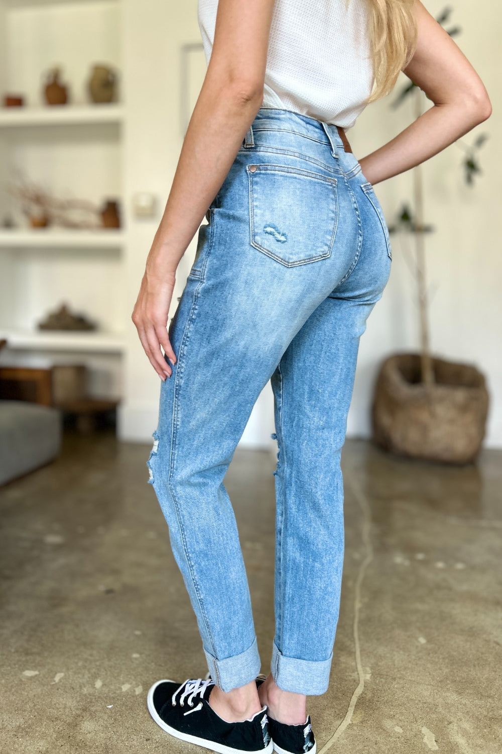 Judy Blue Full Size Distressed Straight Jeans with Patch Pockets - The Goddess Galleries