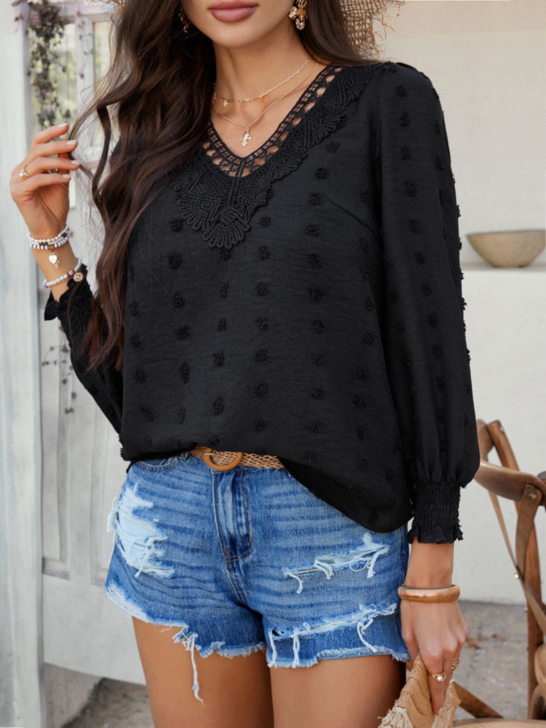 Devine Swiss Dot Lace Detail V-Neck Long Sleeve Blouse - The Goddess Galleries