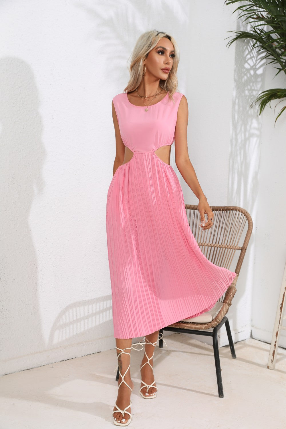 Cutout Ruched Round Neck Tank Dress - The Goddess Galleries
