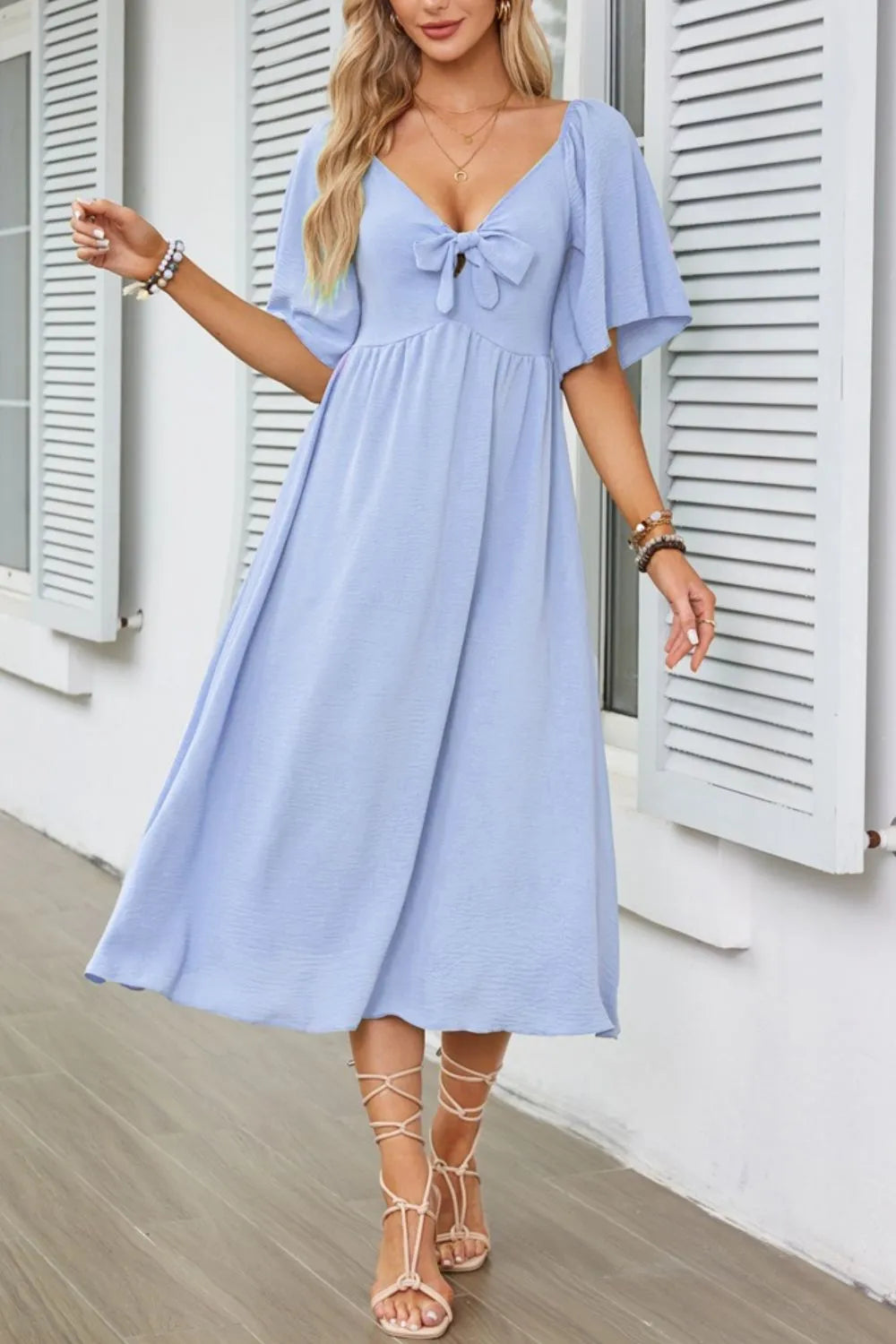 Smocked Tie Front Flutter Sleeve Midi Dress - The Goddess Galleries