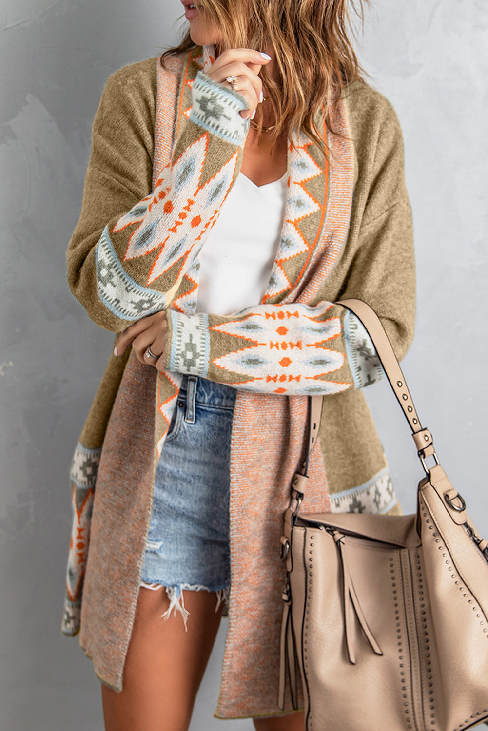 Geometric Open Front Long Sleeve Cardigan - The Goddess Galleries