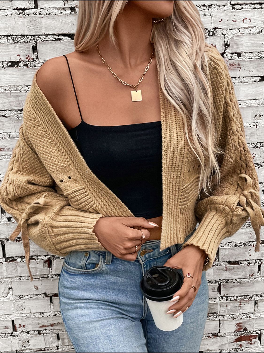 Cable-Knit Tied Open Front Lantern Sleeve Cardigan - The Goddess Galleries