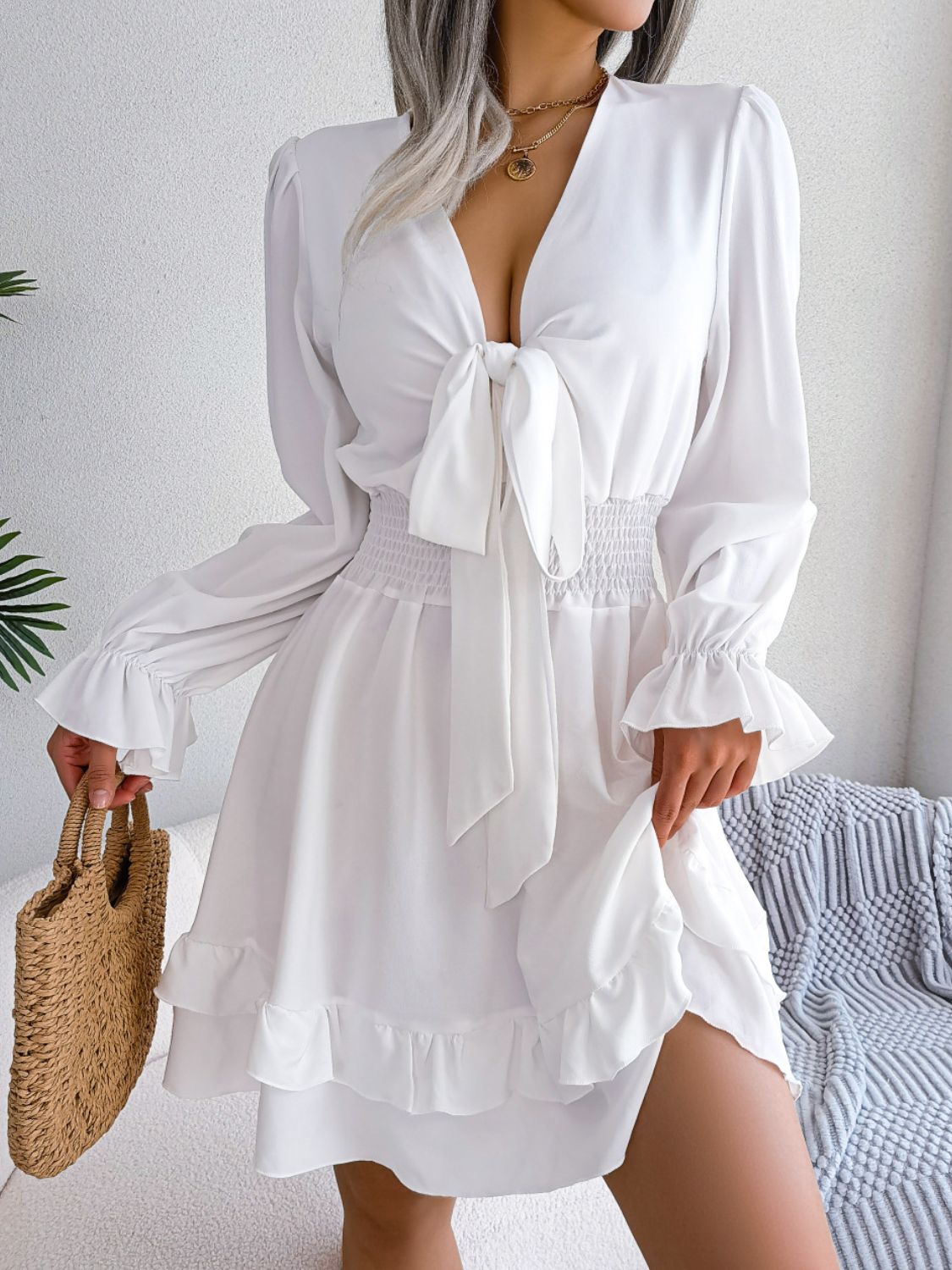Tie Front Smocked Waist Flounce Sleeve Dress - The Goddess Galleries