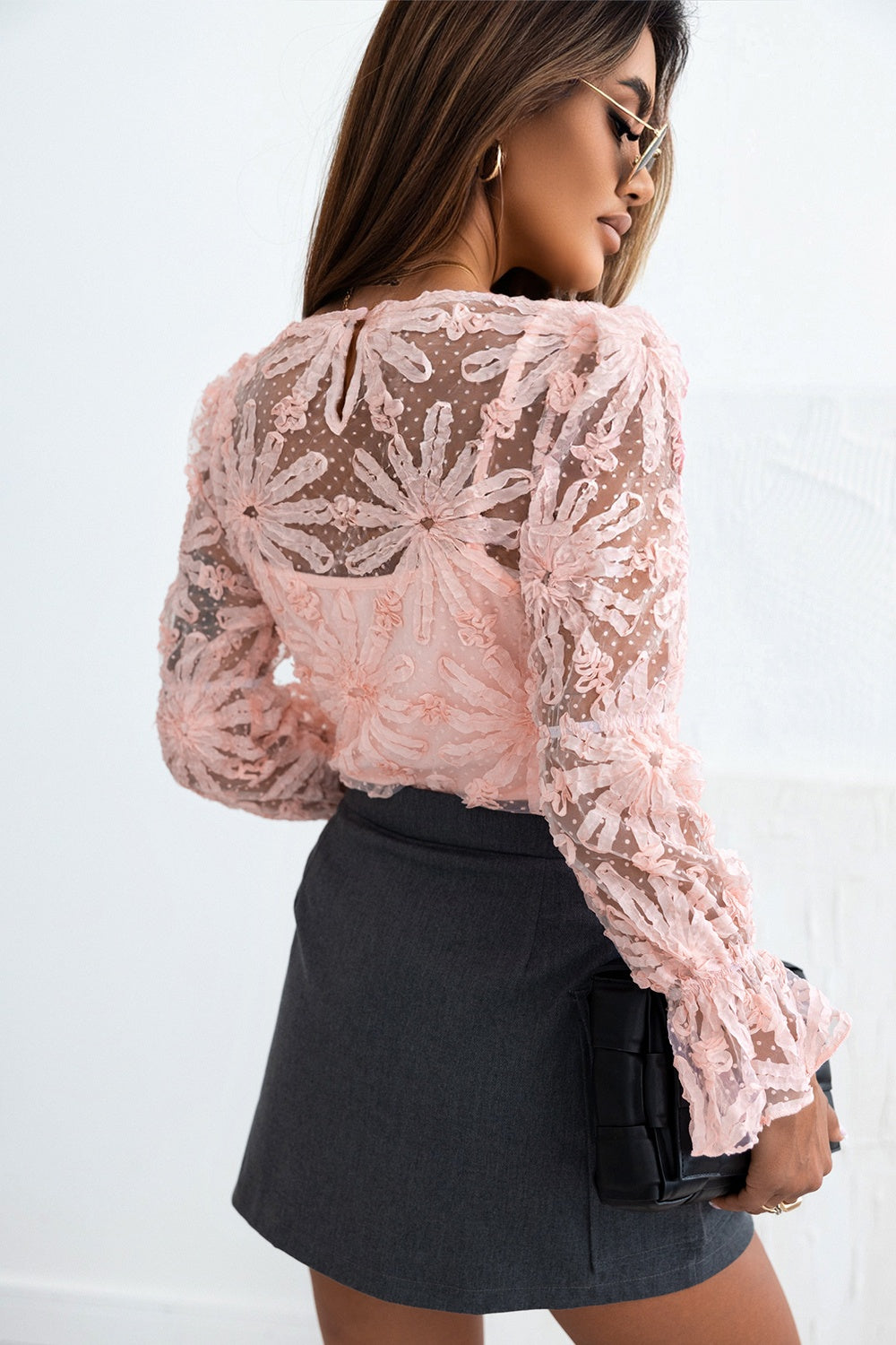 Flower Dotted Ruffled Sleeve Mesh Top - The Goddess Galleries