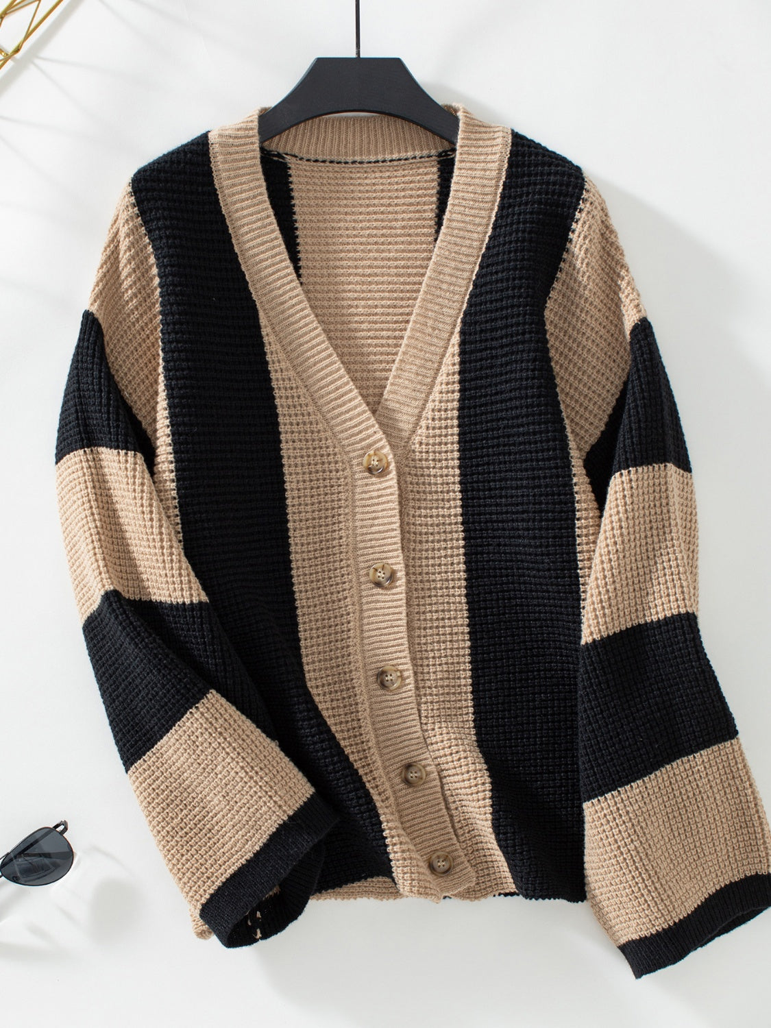 Waffle-Knit V-Neck Striped Long Sleeve Cardigan - The Goddess Galleries