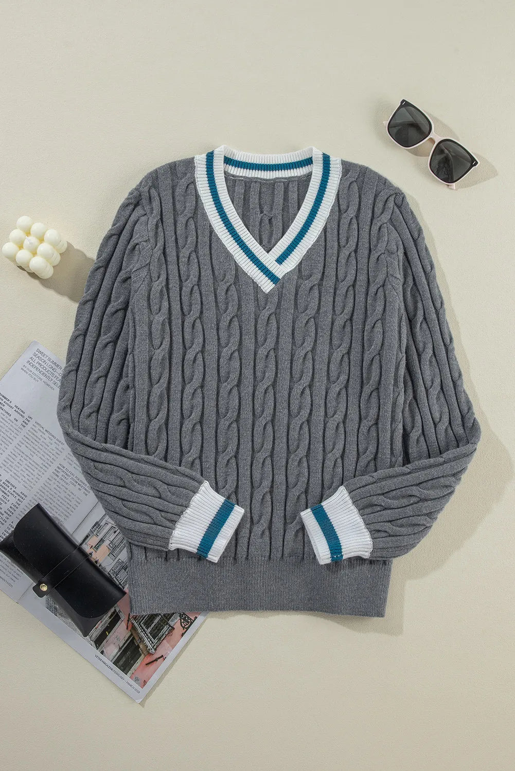 Cable-Knit V-Neck Long Sleeve Sweater - The Goddess Galleries