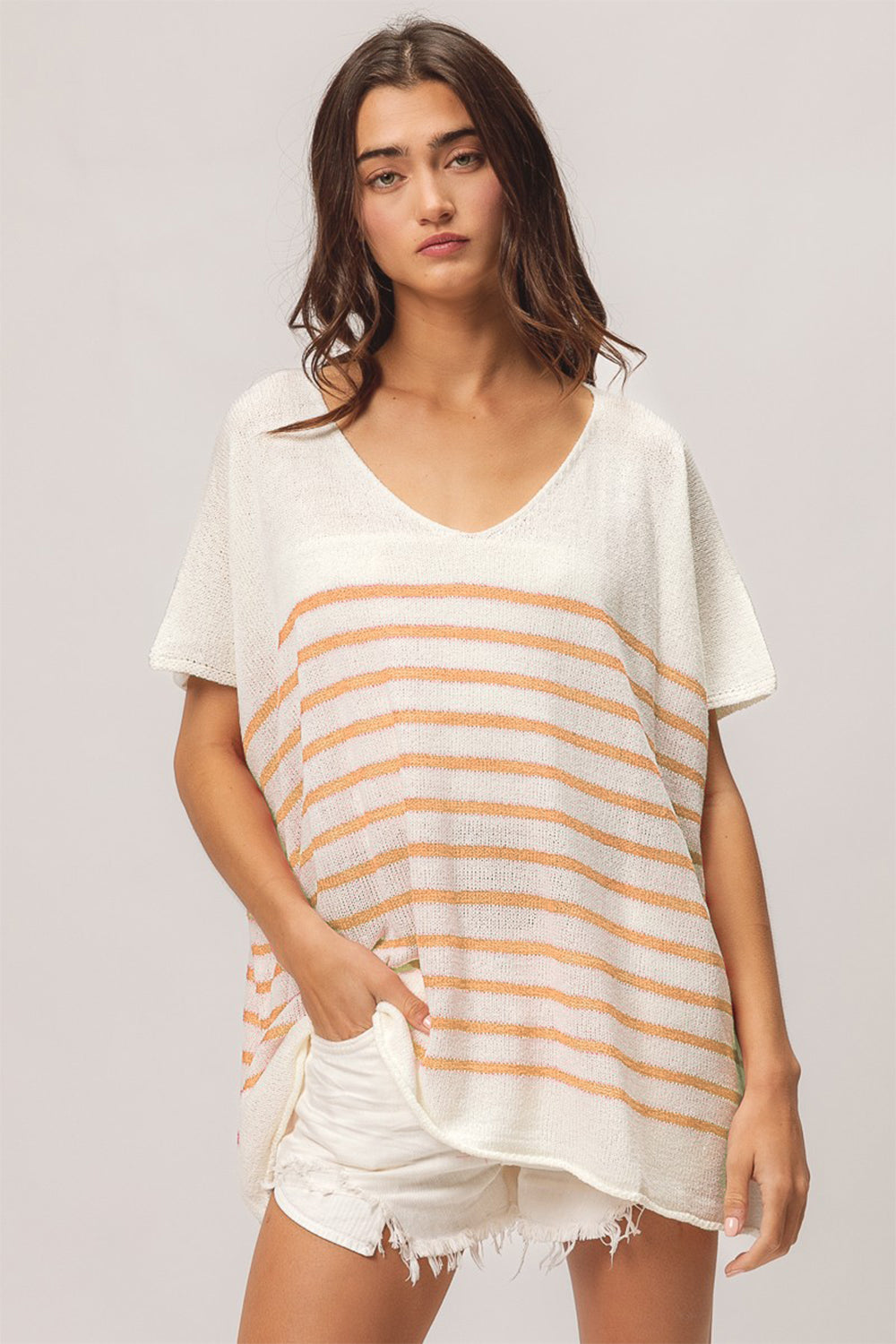 BiBi V Neck Striped Short Sleeve Top - The Goddess Galleries