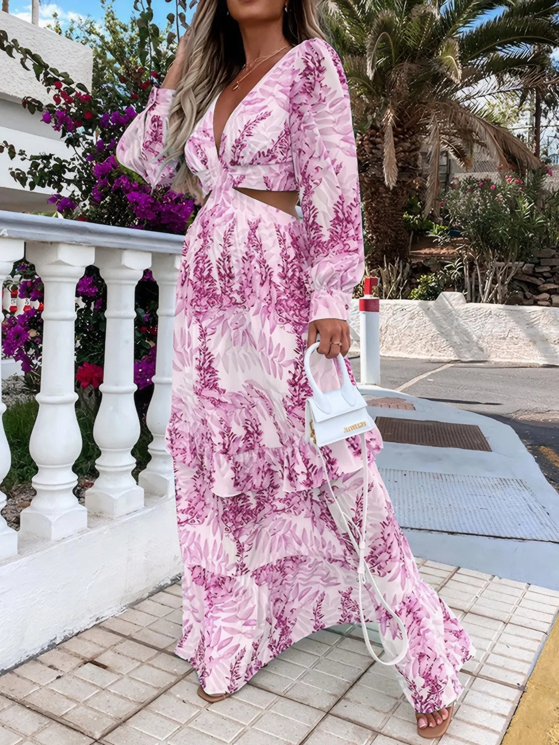 Ruffled Printed Cutout Plunge Maxi Dress - The Goddess Galleries