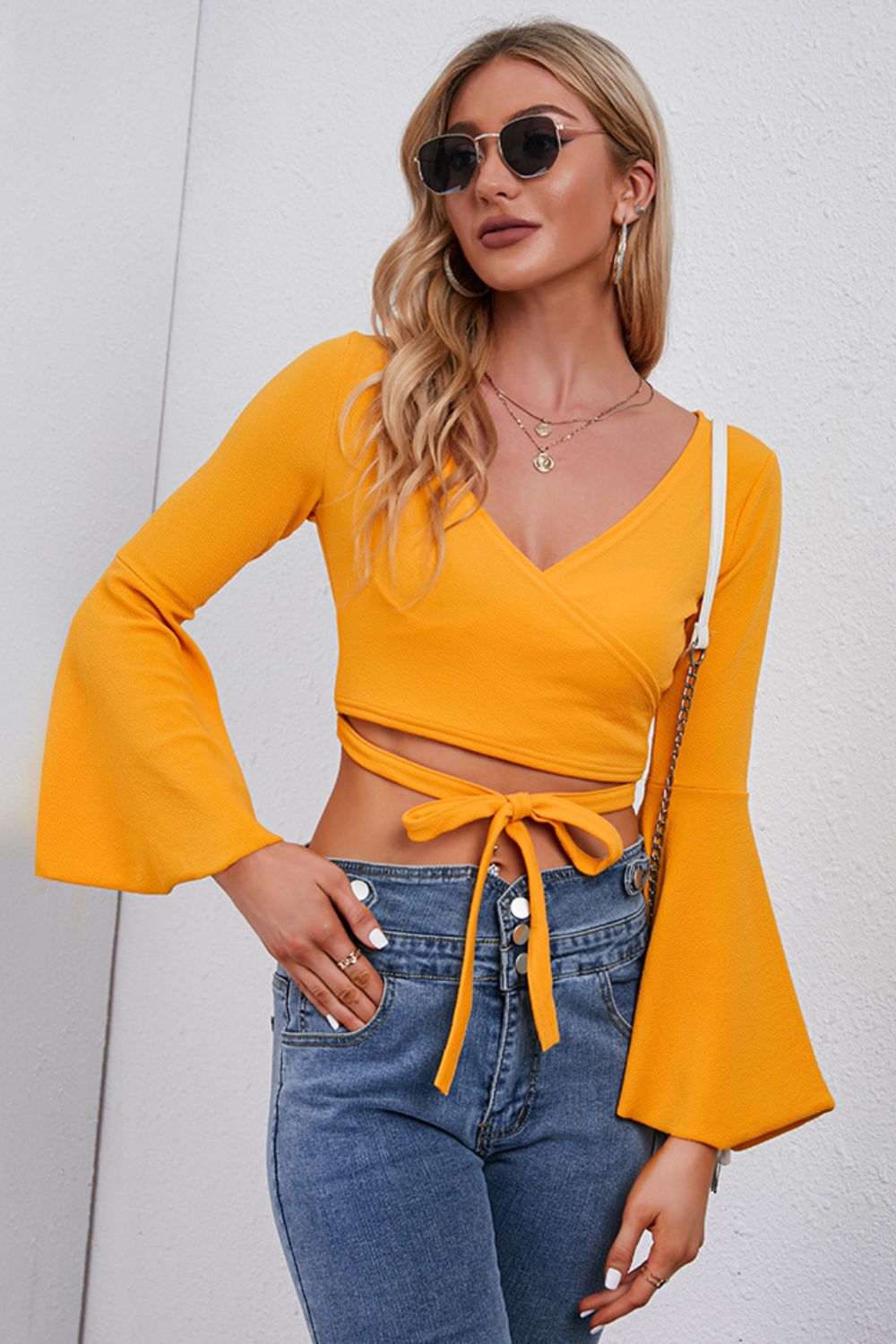 Tie Front Flare Sleeve Cropped Top - The Goddess Galleries