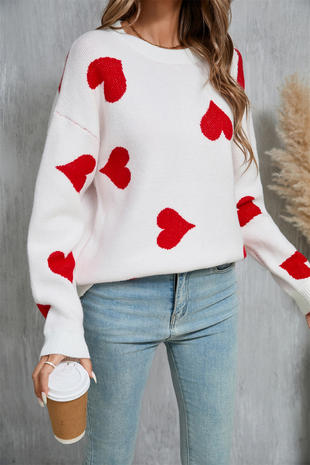 Angel Wings Heart Round Neck Dropped Shoulder Sweater - The Goddess Galleries