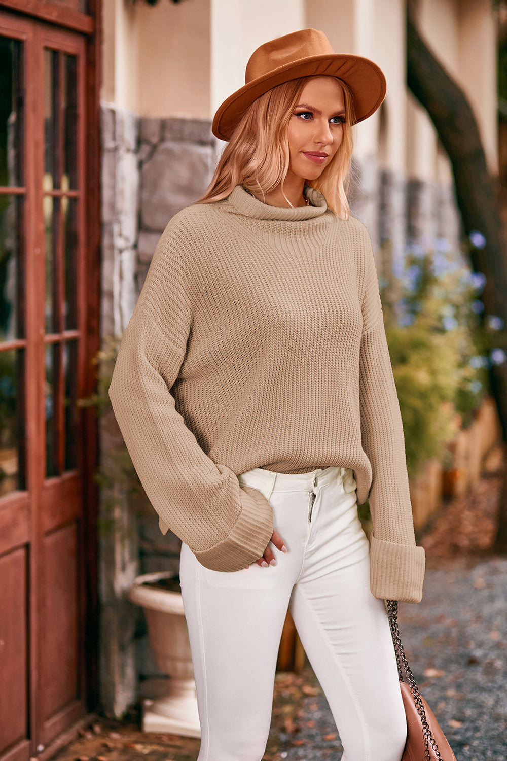 Mock Neck Drop Shoulder Sweater - The Goddess Galleries