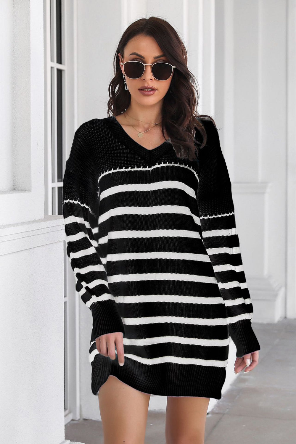 Striped V-Neck Drop Shulder Sweater Dress - The Goddess Galleries