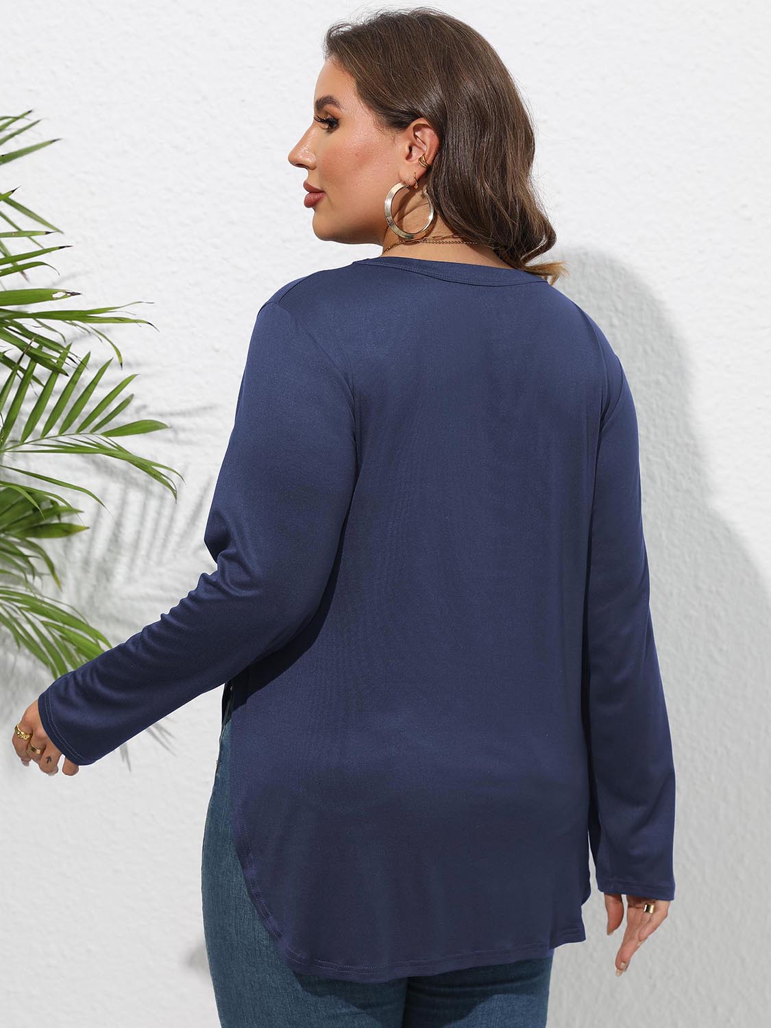 Plus Size Round Neck Long Sleeve Slit T-Shirt - The Goddess Galleries