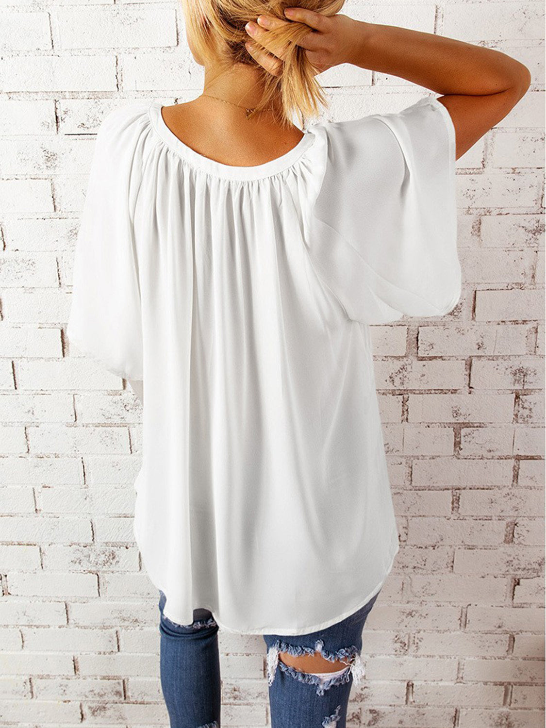 Ruched Notched Half Sleeve Blouse - The Goddess Galleries