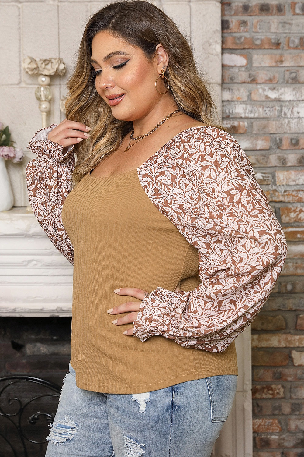 Plus Size Floral Square Neck Flounce Sleeve Blouse - The Goddess Galleries