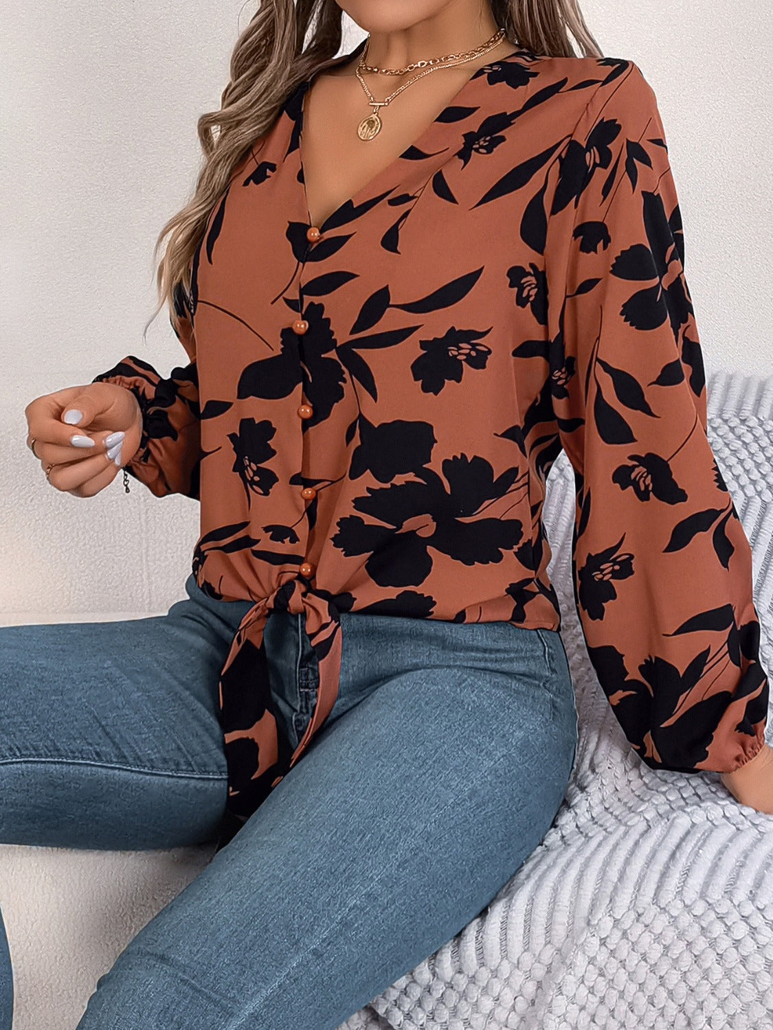 Printed V-Neck Long Sleeve Blouse - The Goddess Galleries