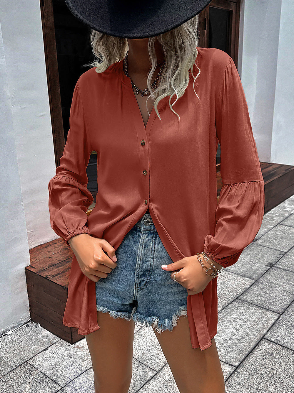 Ivy Lane Notched Neck Balloon Sleeve Shirt - The Goddess Galleries