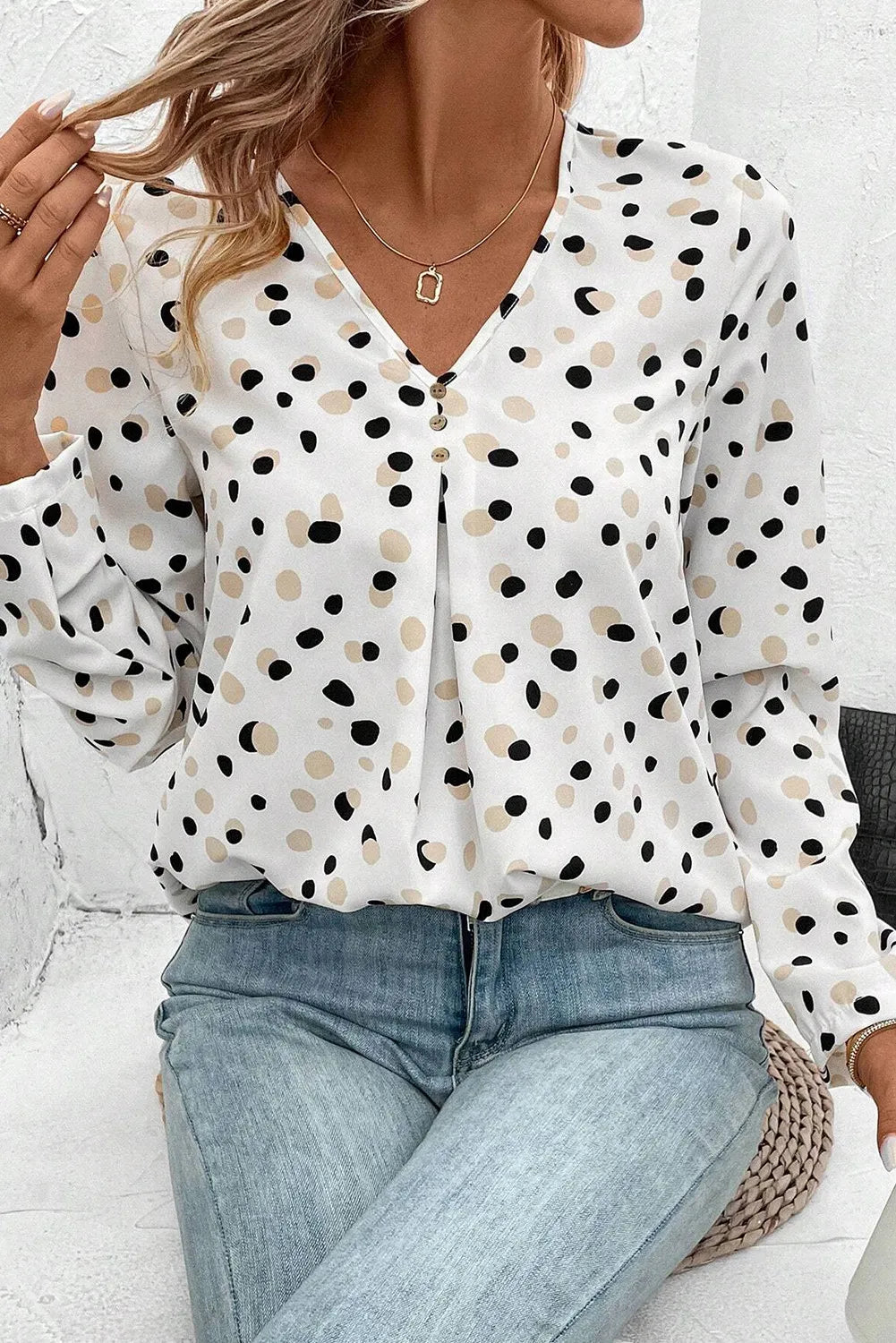 Printed V-Neck Long Sleeve Blouse - The Goddess Galleries
