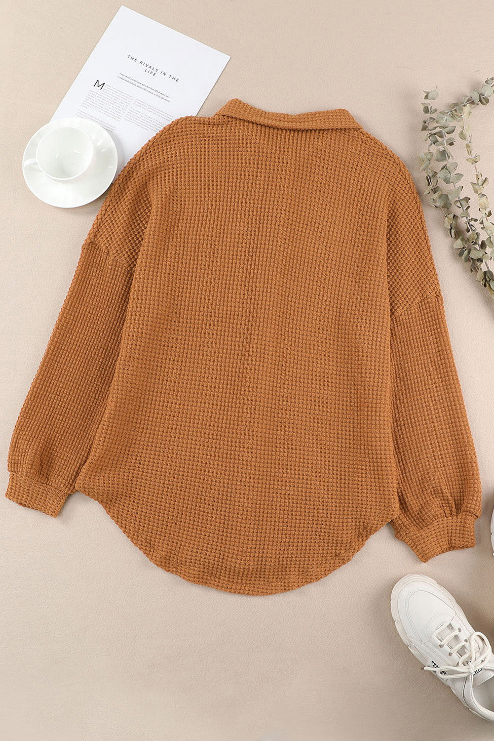 Waffle-Knit Collared Neck Long Sleeve Shirt - The Goddess Galleries