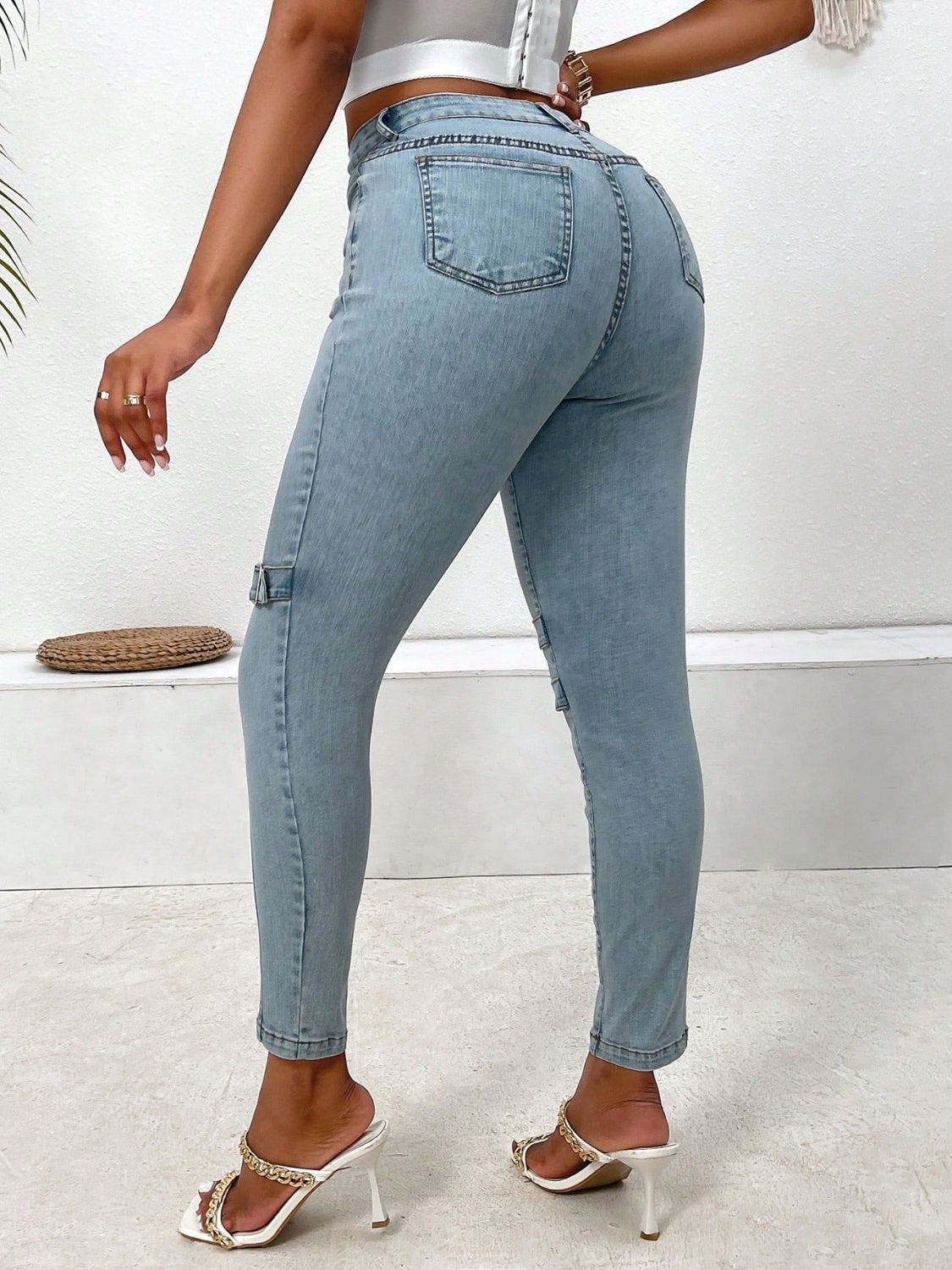 Decorative Buckle Skinny Jeans with Pockets - The Goddess Galleries