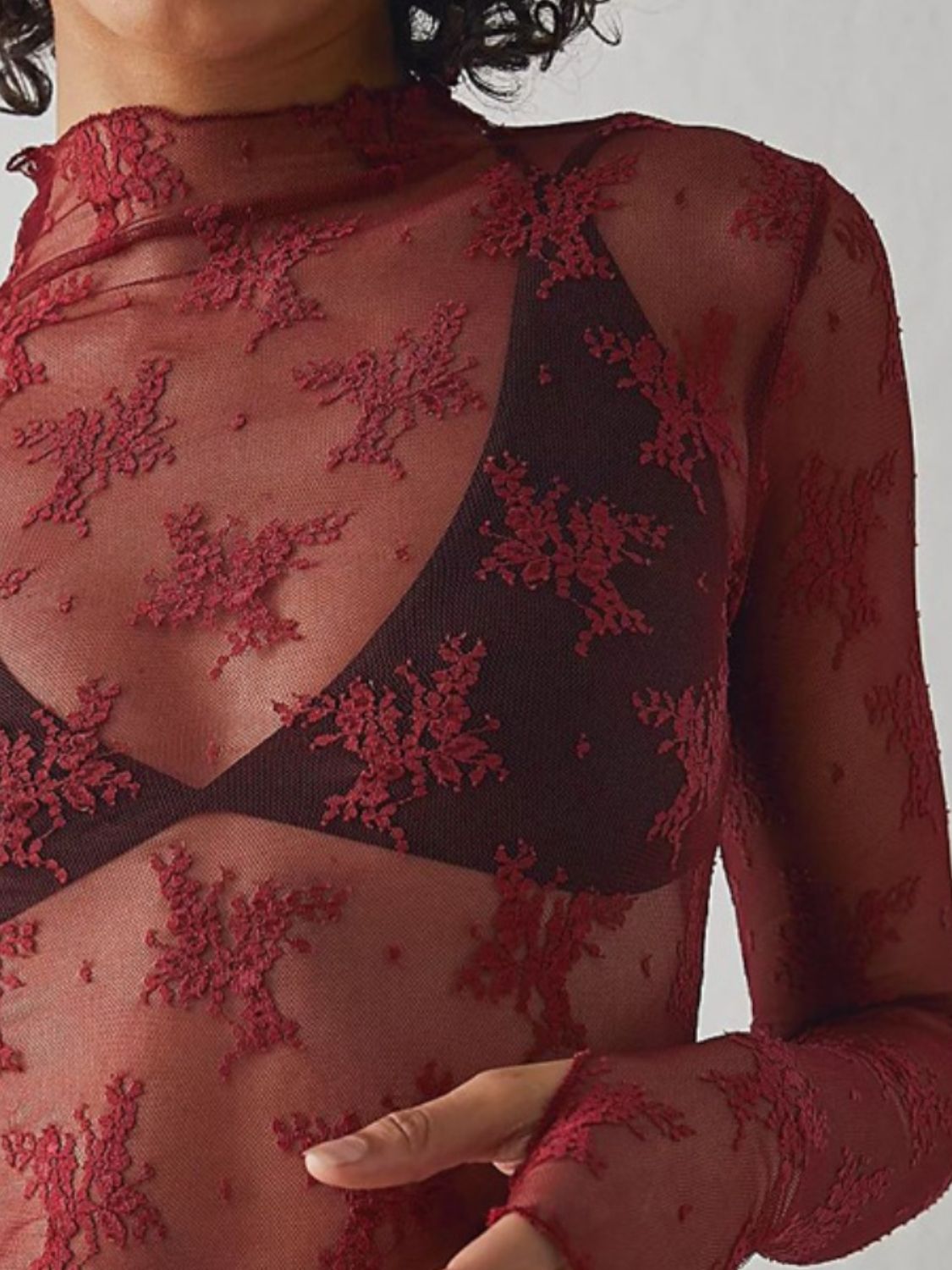 Lace Mock Neck Long Sleeve Blouse - The Goddess Galleries