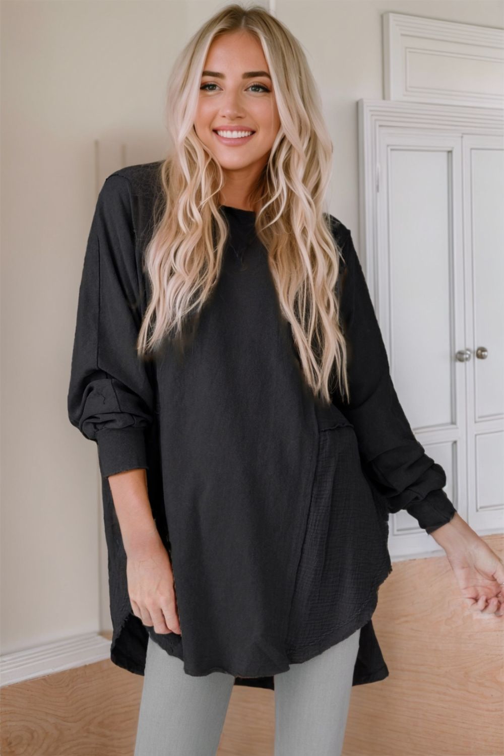 Contrast Texture Round Neck Long Sleeve Blouse - The Goddess Galleries