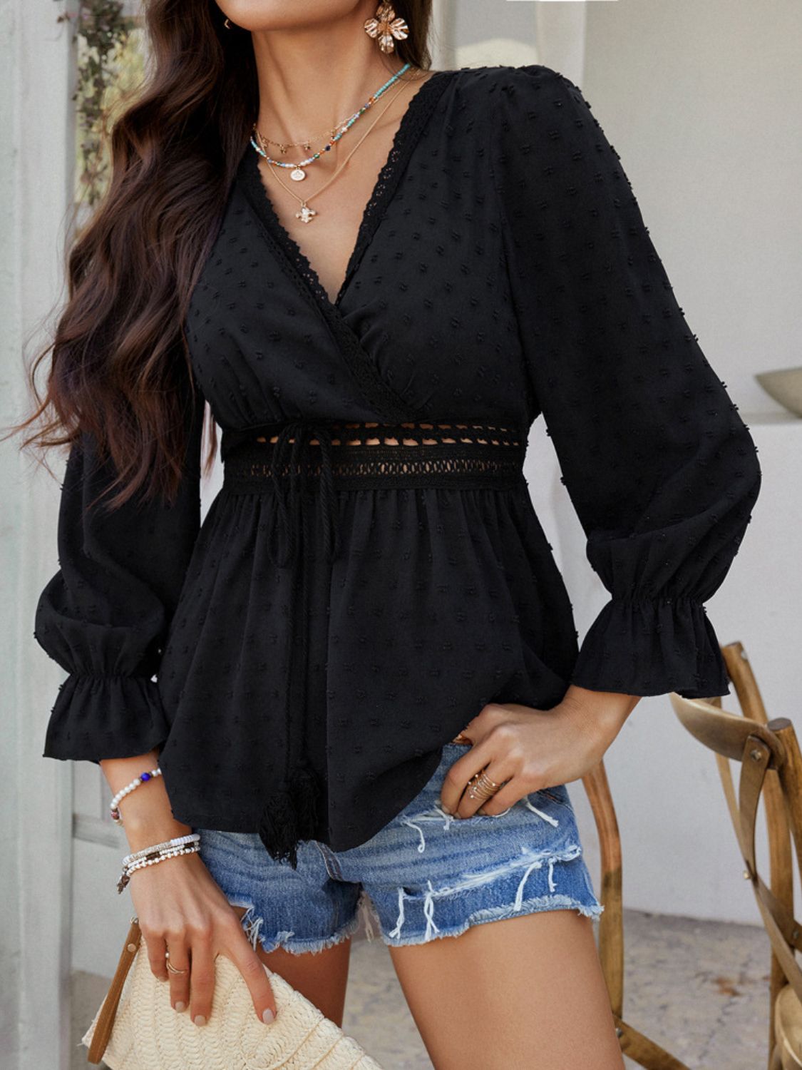 Devine Swiss Dot Lace Detail Surplice Flounce Sleeve Blouse - The Goddess Galleries