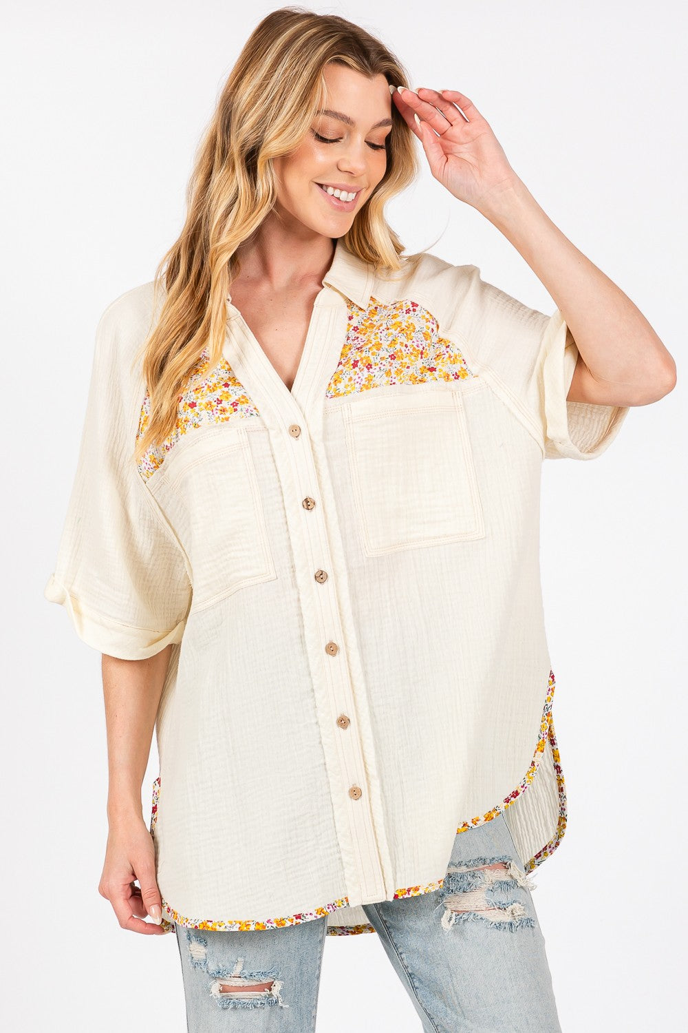 SAGE + FIG Full Size Floral Detail Button Up Short Sleeve Shirt - The Goddess Galleries