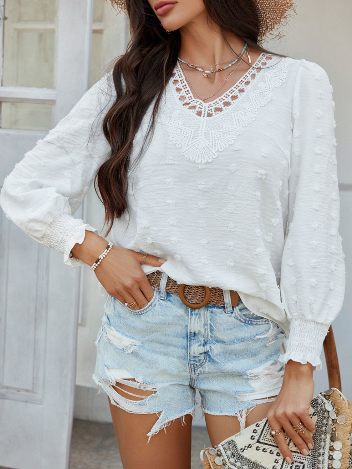 Devine Swiss Dot Lace Detail V-Neck Long Sleeve Blouse - The Goddess Galleries