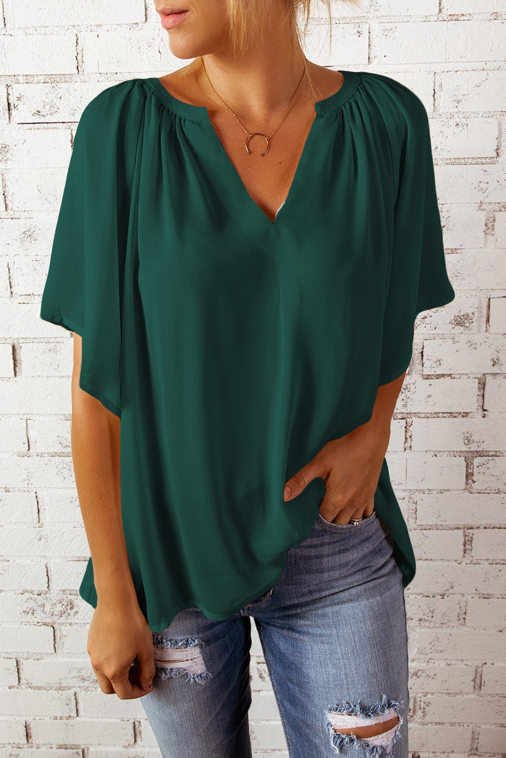 Gathered Detail Notched Neck Flutter Sleeve Top - The Goddess Galleries