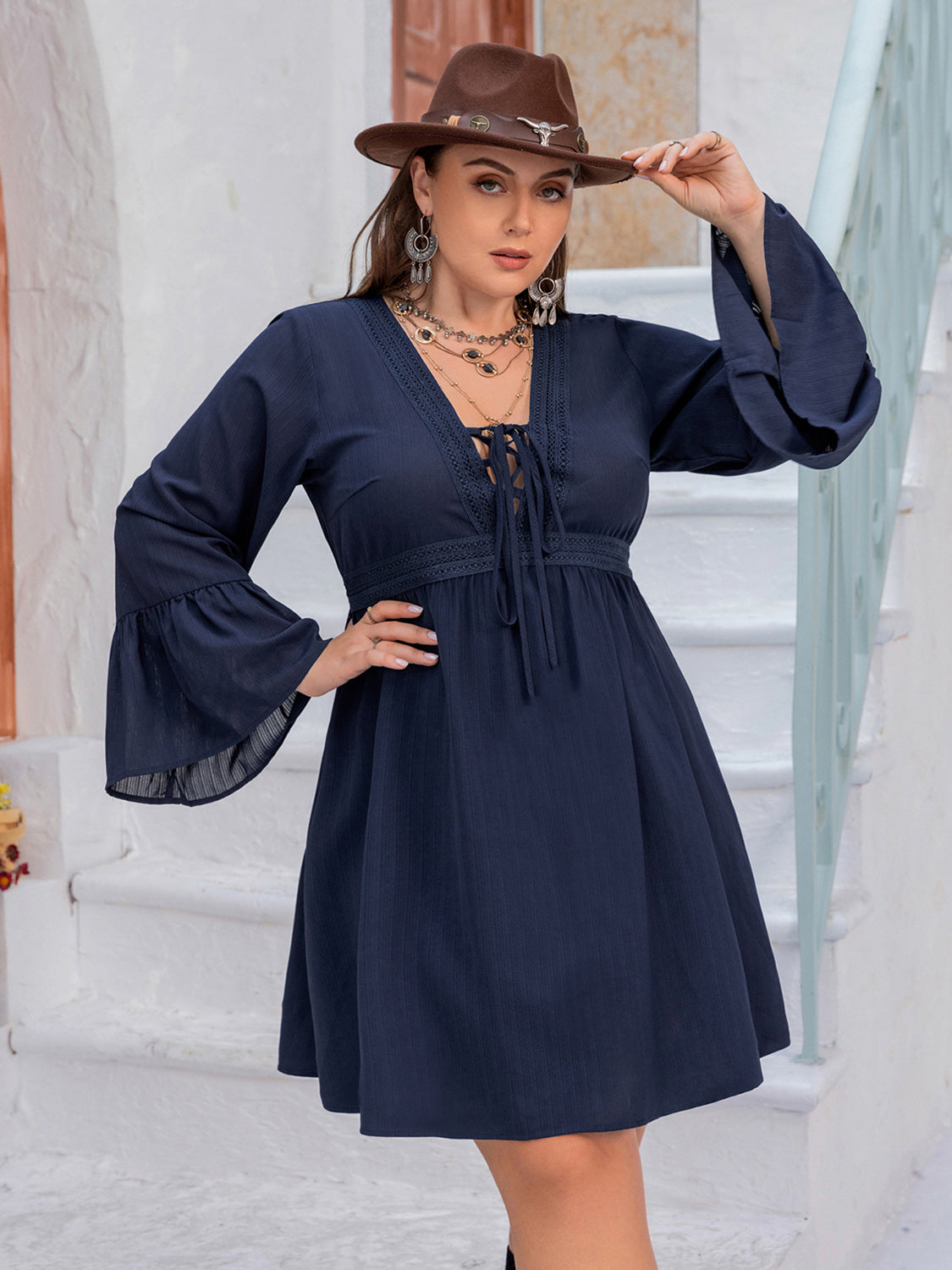 Plus Size Tie Front V-Neck Flare Sleeve Dress - The Goddess Galleries