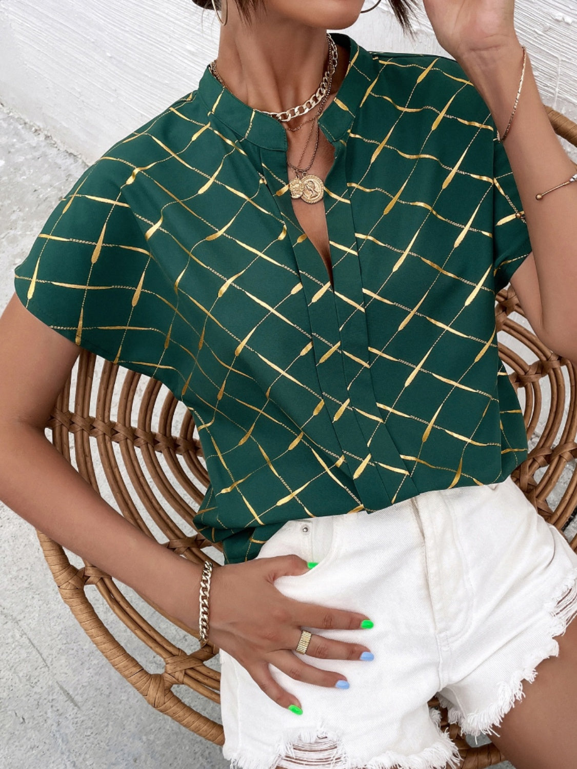 Printed Notched Short Sleeve Blouse - The Goddess Galleries