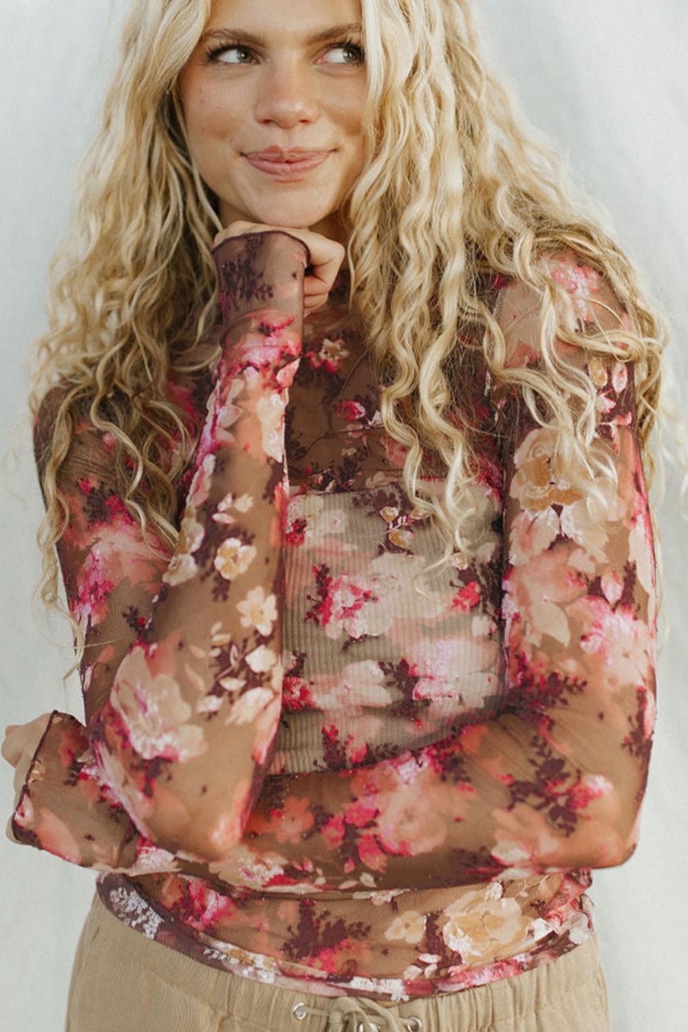 Floral Mock Neck Long Sleeve Sheer Top - The Goddess Galleries