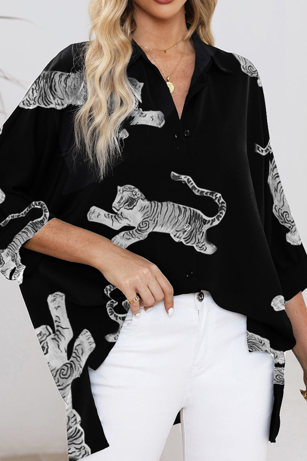 Tiger Pattern Button Up Long Sleeve Shirt - The Goddess Galleries