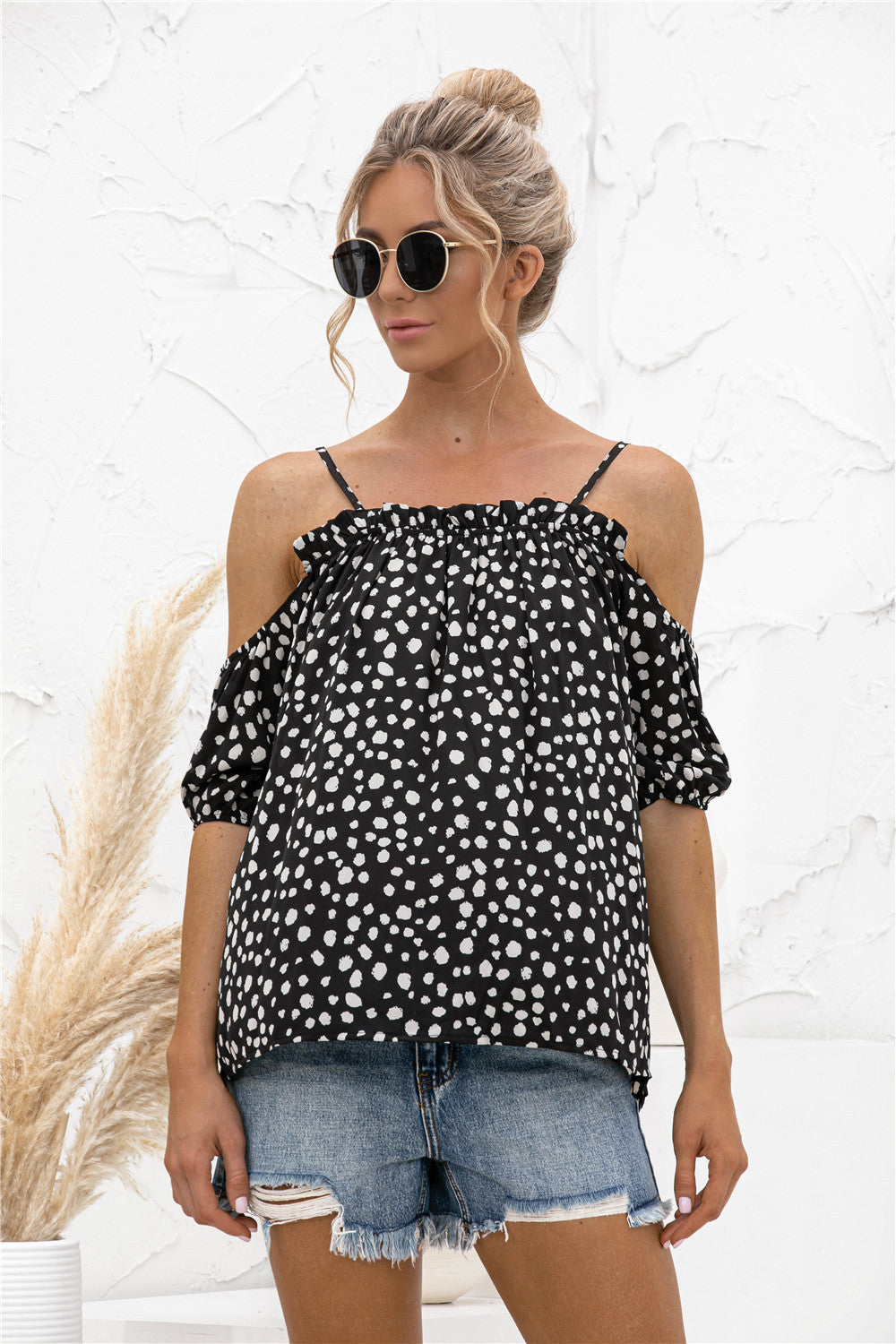 Printed Cold-Shoulder Frill Trim Blouse - The Goddess Galleries