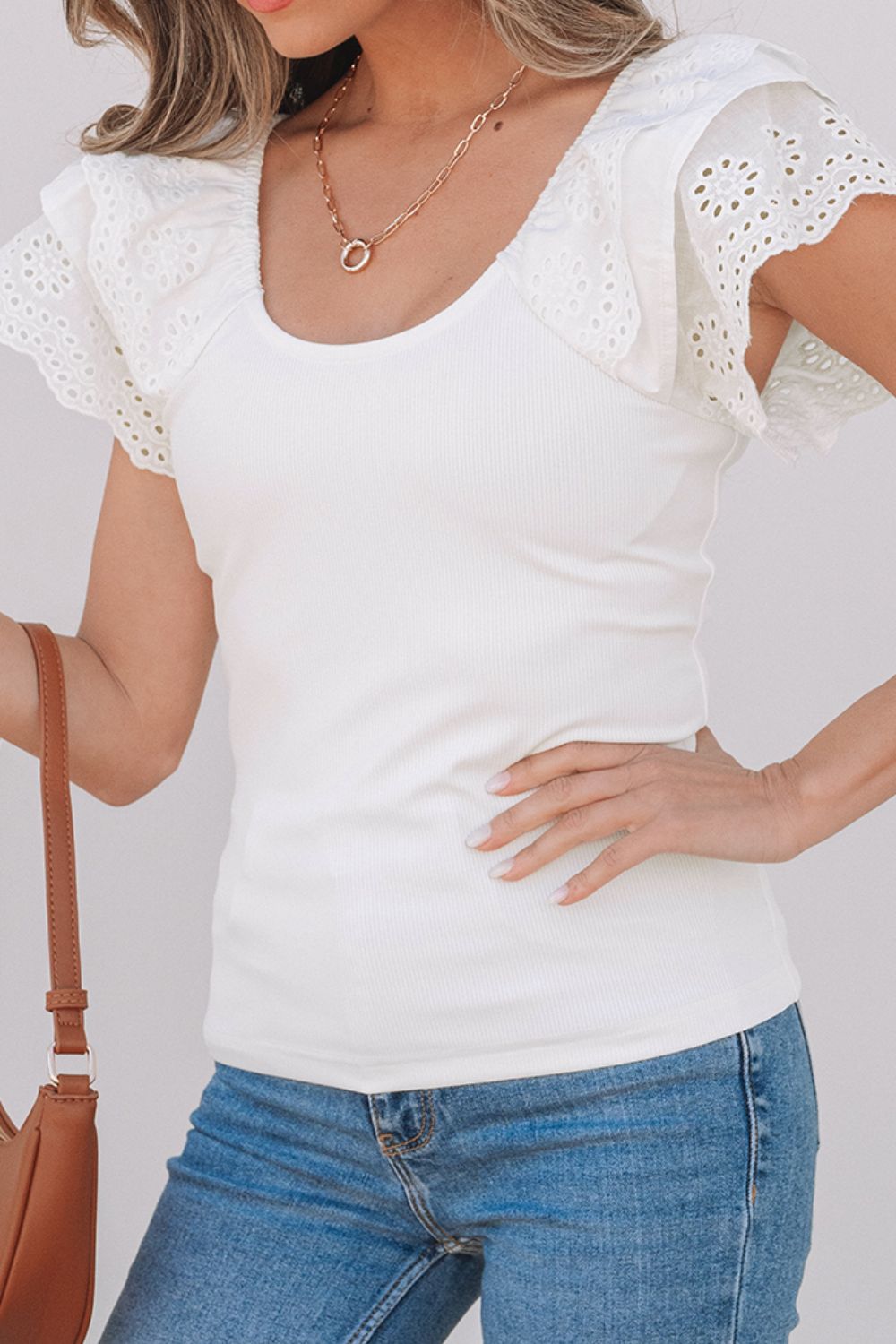 Eyelet Ruffle Sleeve Slim Top - The Goddess Galleries