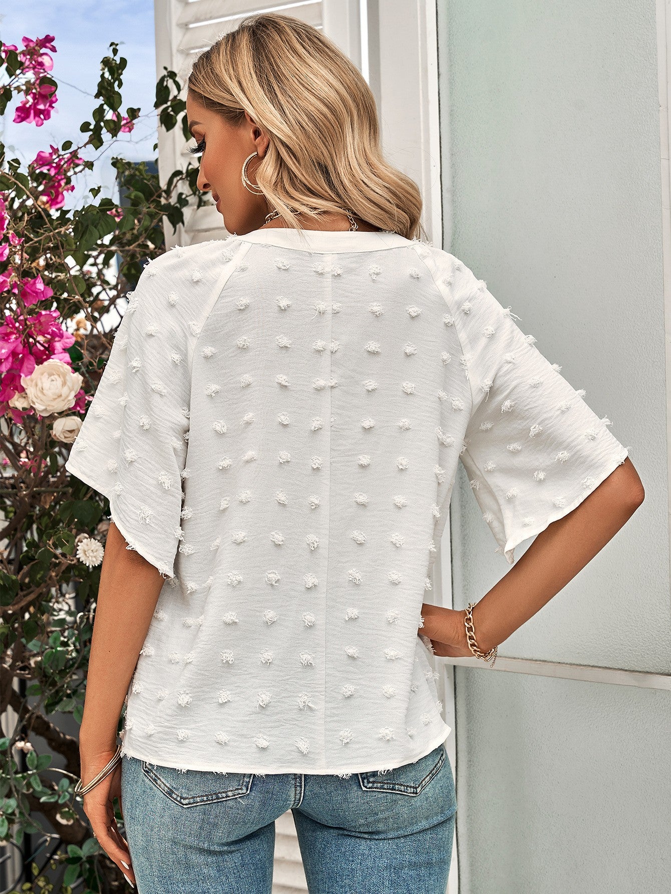 Swiss Dot Notched Neck Flare Sleeve Blouse - The Goddess Galleries