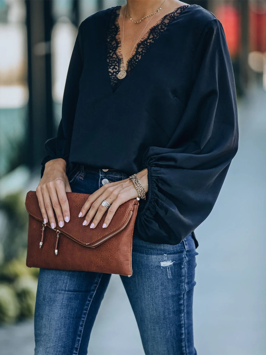 Lace Detail V-Neck Long Sleeve Blouse - The Goddess Galleries